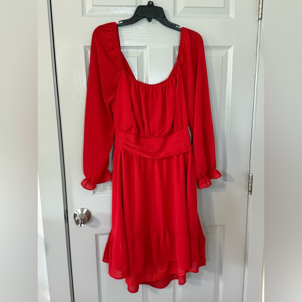 Exlura |Red Ruched Wrap Dress with Bishop Sleeves| 2XL